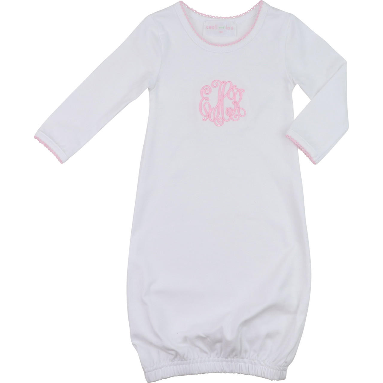 Baby Girl White and Pink Monogrammed Layette Gown and Headband Outfit Set